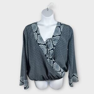 Knox Rose Blue Floral Flare Sleeve Tie Wrap Blouse XL Boho Mixed Prints